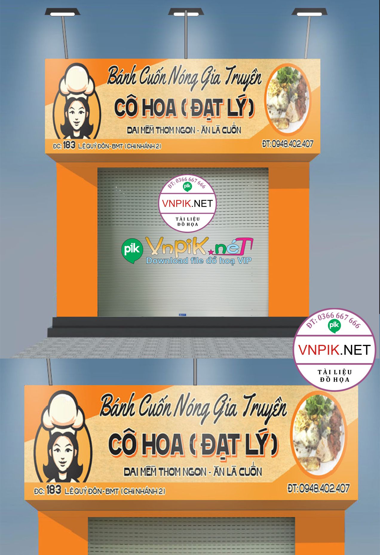 Bảng hiệu bánh cuốn nóng cô hoa file corel